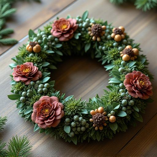 En detaljrik och handbunden blomsterkrans.