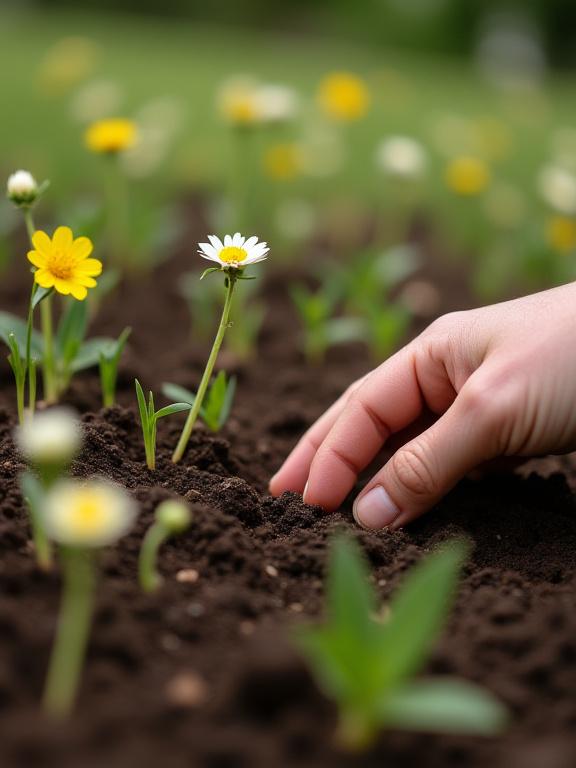Närbild på en odlingsbädd med blommor och en hand som varsamt rör vid jorden.