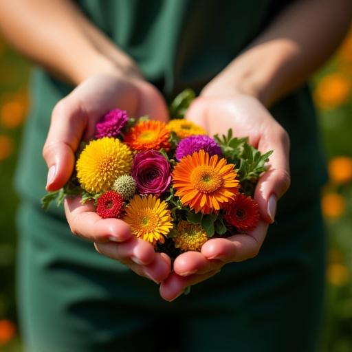 En person som håller i en handfull nyskördade blommor från en blomsterodling.