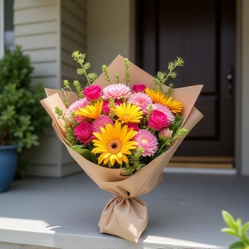 En färsk bukett levererad i ett omslagspapper vid en ytterdörr.